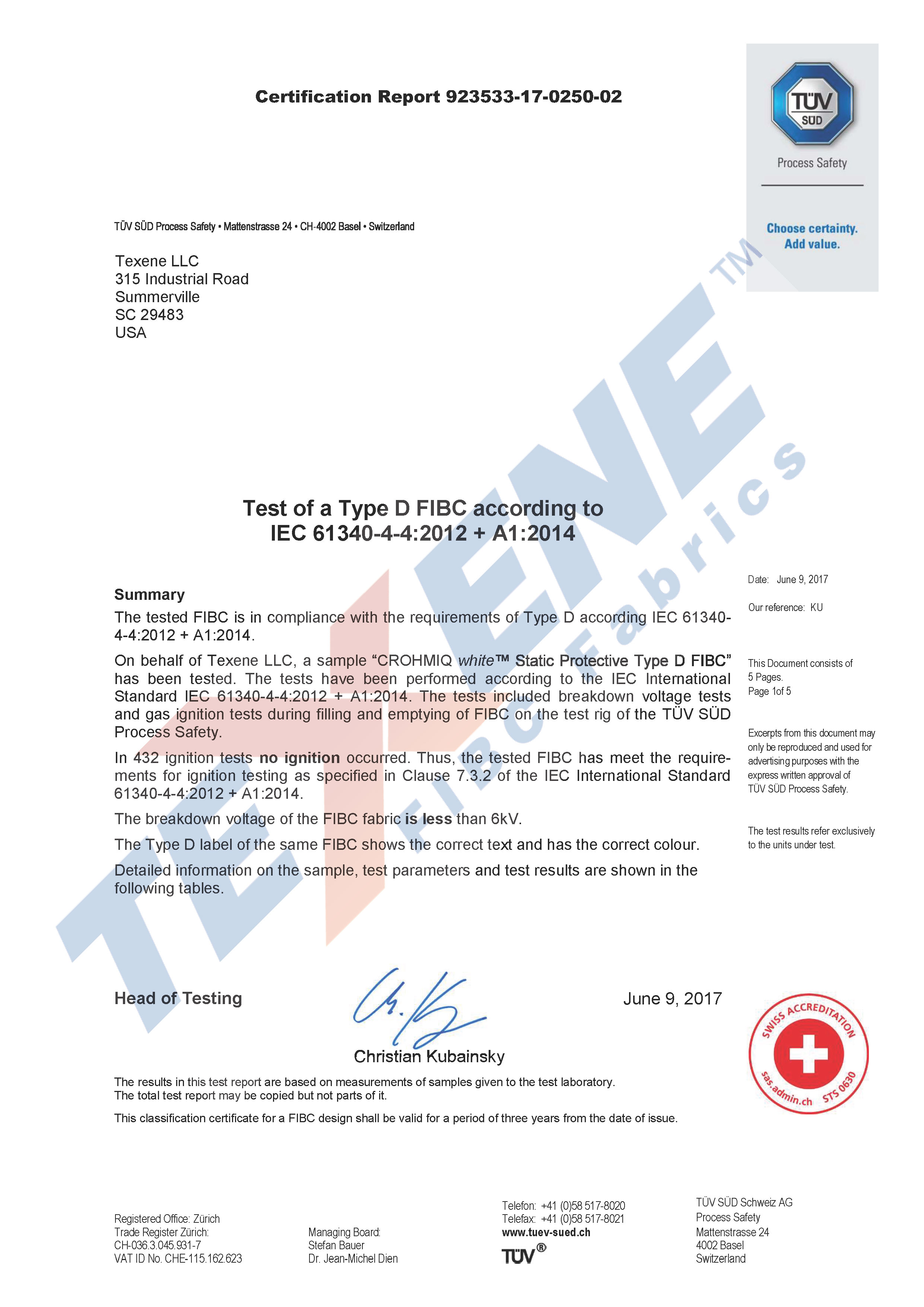 CROHMIQ Type D FIBC Electrostatic Ignition Test Reports from Chilworth & Swiss Institute